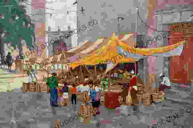 A Colorful Painting By Regina Zenta Brice Depicting A Vibrant Mexican Market Scene With Vendors, Animals, And Vibrant Textiles. Regina Zenta Brice