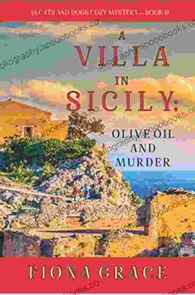 Olive Oil And Murder Cats And Dogs Cozy Mystery Book Cover, Depicting A Woman Holding A Kitten And A Dog While Looking At A Bloody Paw Print A Villa In Sicily: Olive Oil And Murder (A Cats And Dogs Cozy Mystery 1)