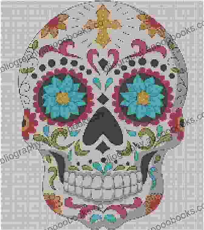 Sugar Skull Cross Stitch Pattern PDF: Close Up Of Colorful Cross Stitches Forming A Sugar Skull Design Sugar Skull Cross Stitch Pattern PDF